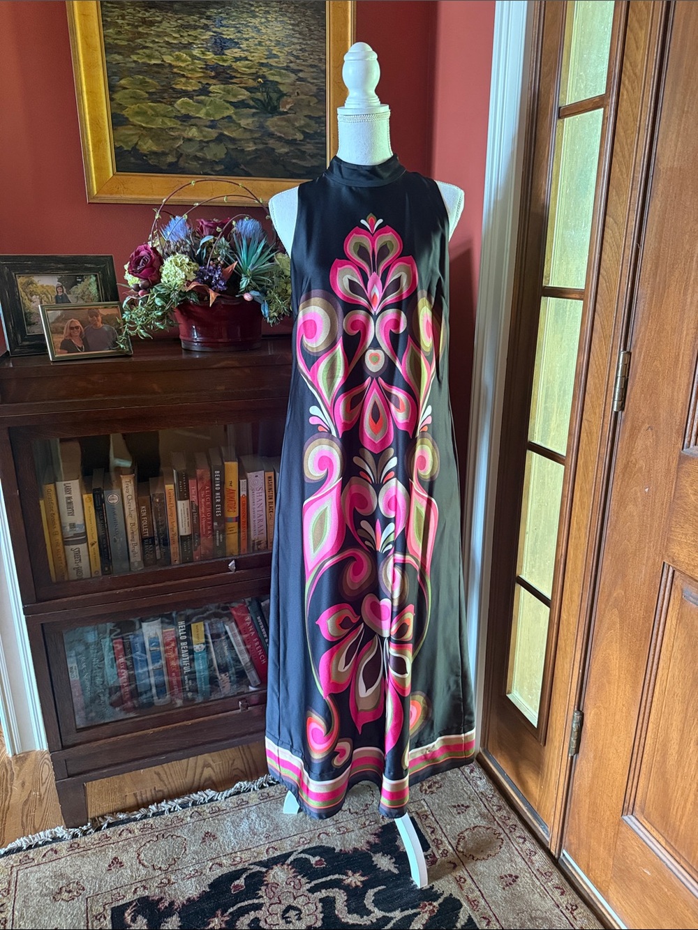 Trina Turk Black Maxi Dress with Pink & Green Abstract Motif